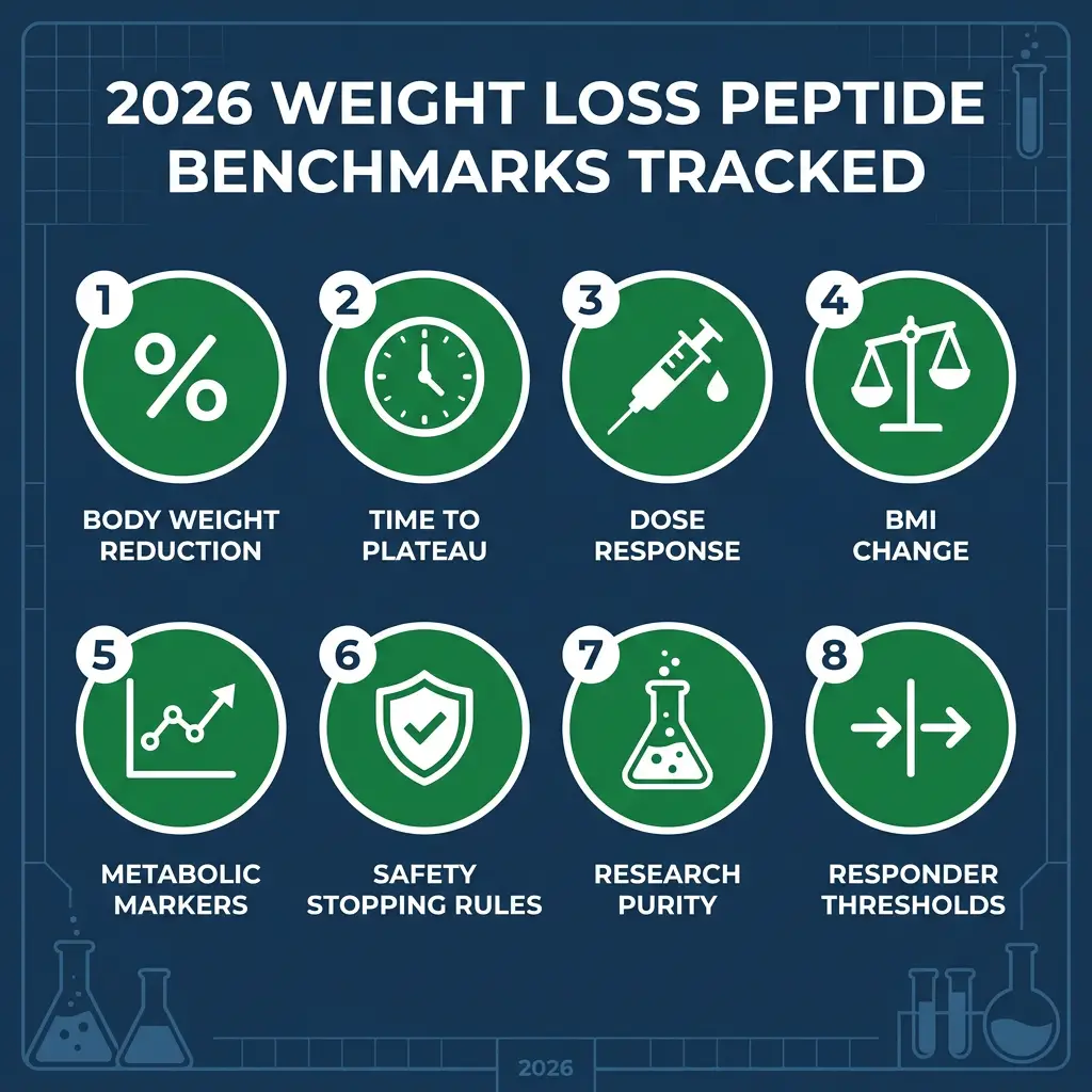 Grid of eight weight loss peptide research benchmarks with icons and labels in navy and green.