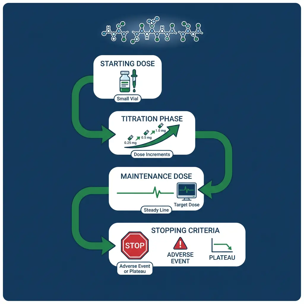 Flowchart of dose escalation and stopping rules for weight loss peptides in research settings.