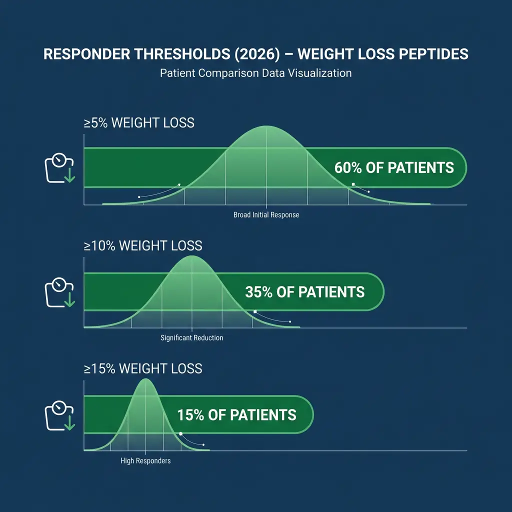 Bar chart of weight loss peptide responder thresholds at five, ten, and fifteen percent body weight reduction.