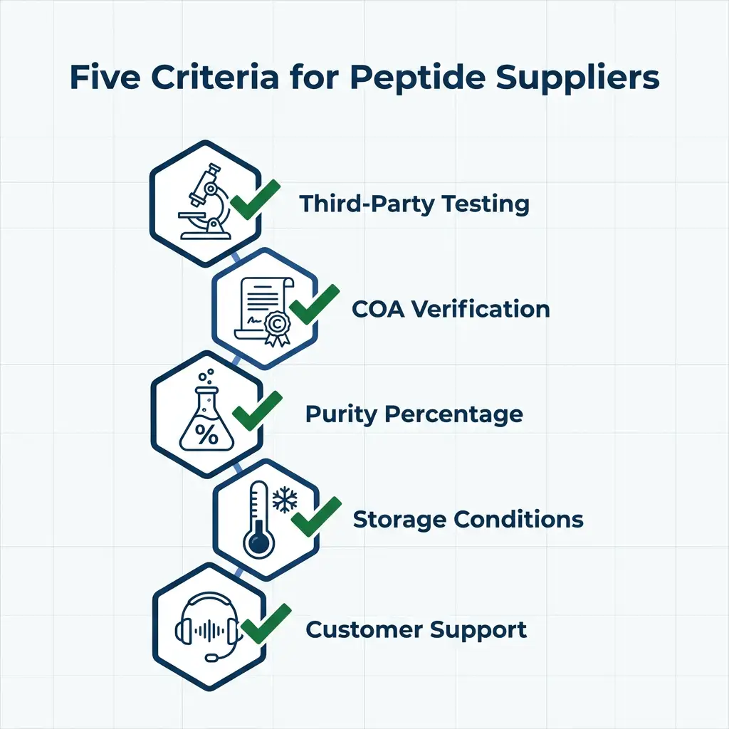 Five criteria checklist for peptide suppliers including testing, COA, purity, storage, and support.