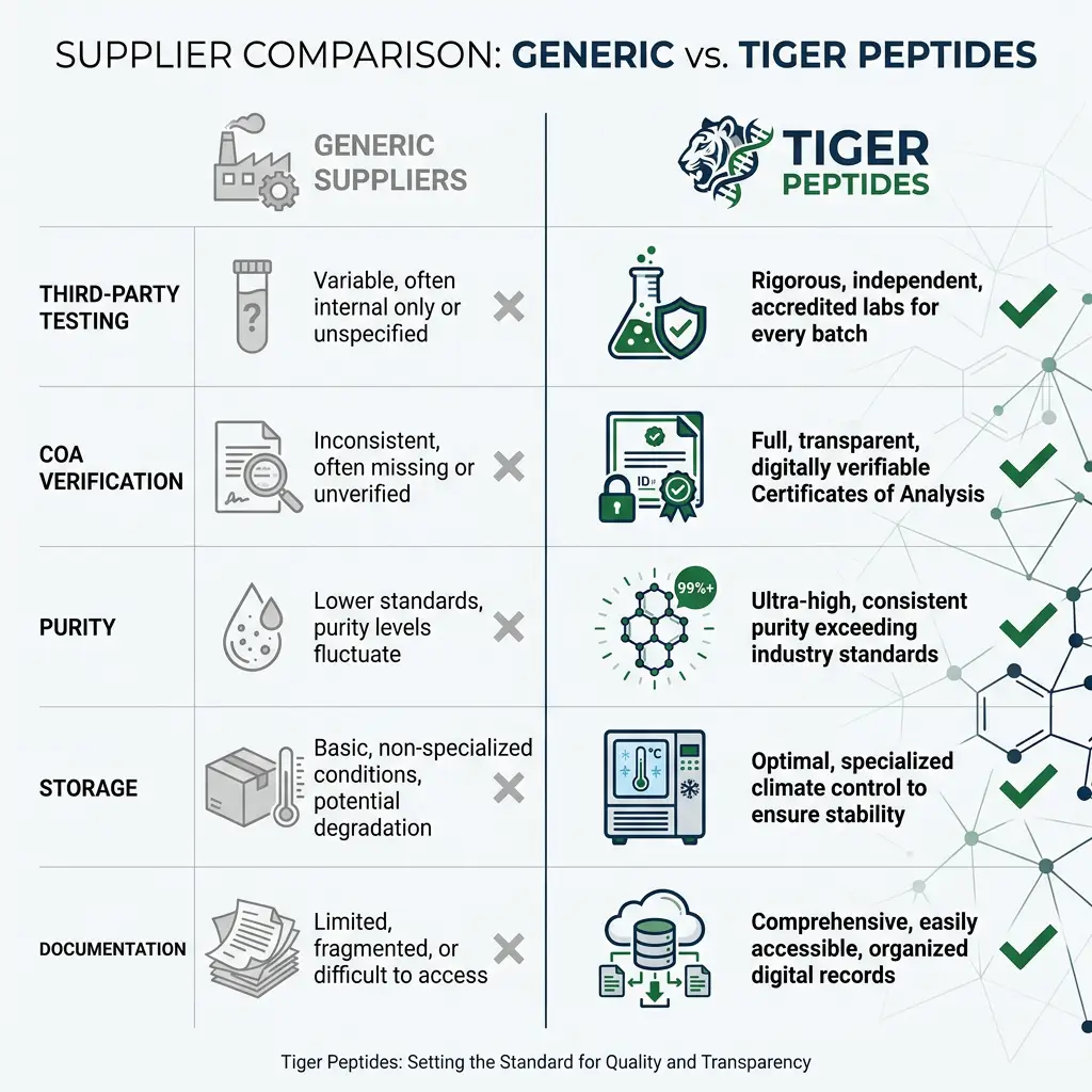 Tiger Peptides comparison chart showing compliance with five almighty peptides supplier criteria.