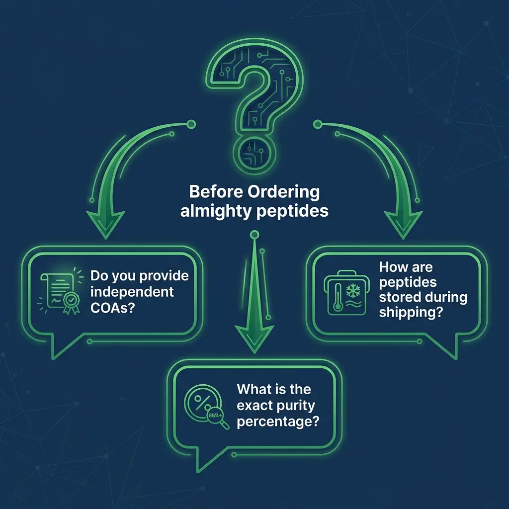 Flowchart of key questions to ask peptide suppliers before ordering almighty peptides.