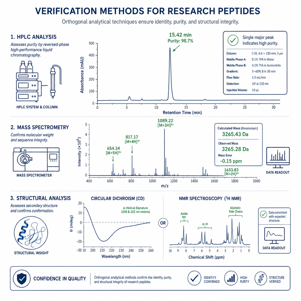 Infographic of HPLC and mass spectrometry analytical methods for peptide verification