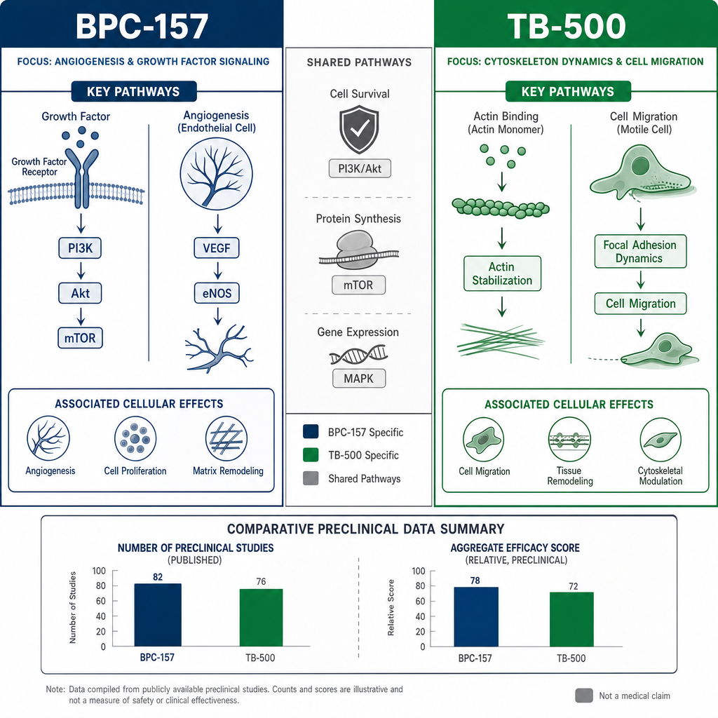 Side-by-side infographic comparing biological pathways of BPC-157 and TB-500 peptides