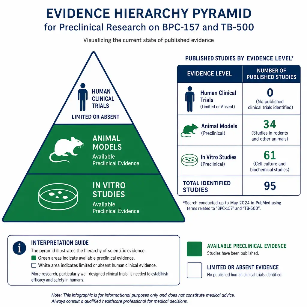 Evidence pyramid infographic showing preclinical study levels for BPC-157 and TB-500