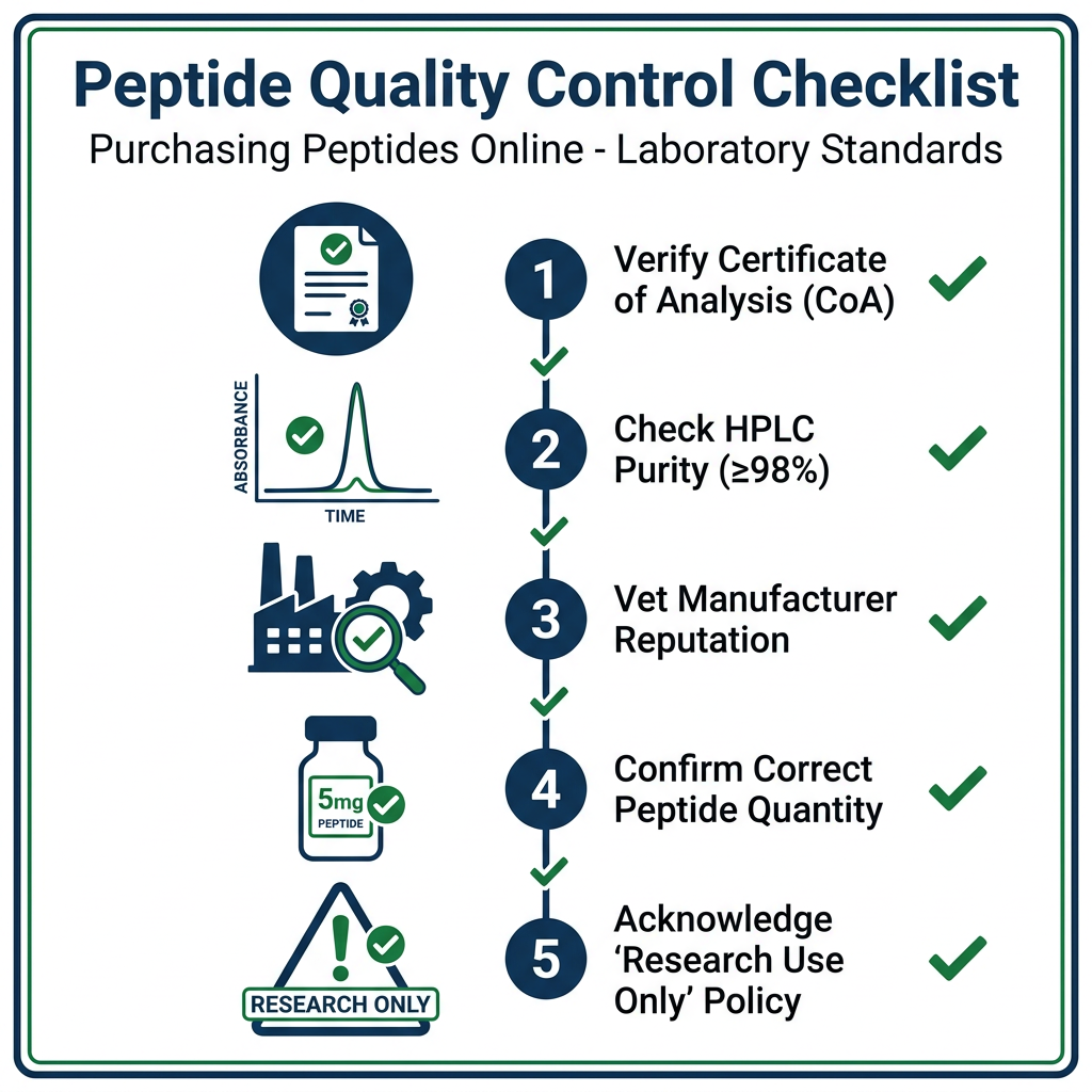 Five-point checklist infographic for verifying peptide quality before online purchase.