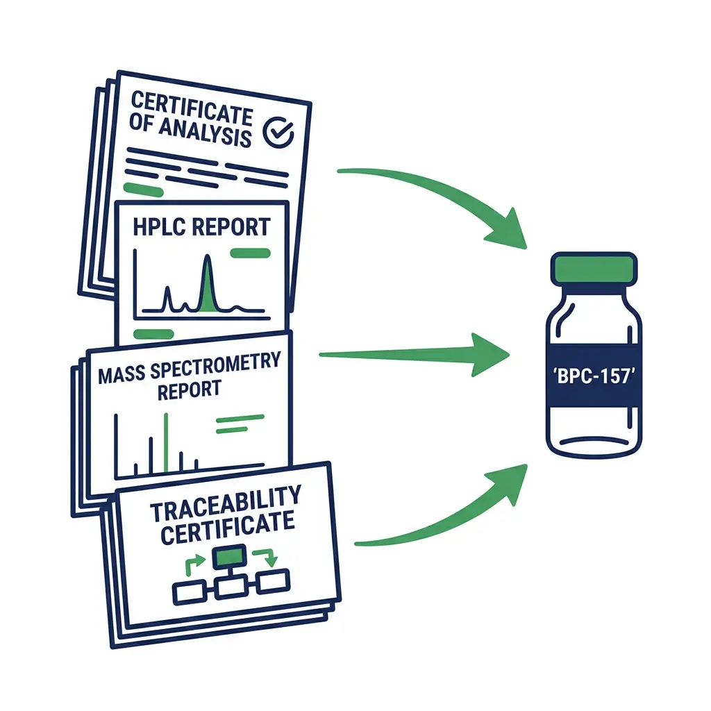 Stack of quality documents and reports required for peptide research purchase.