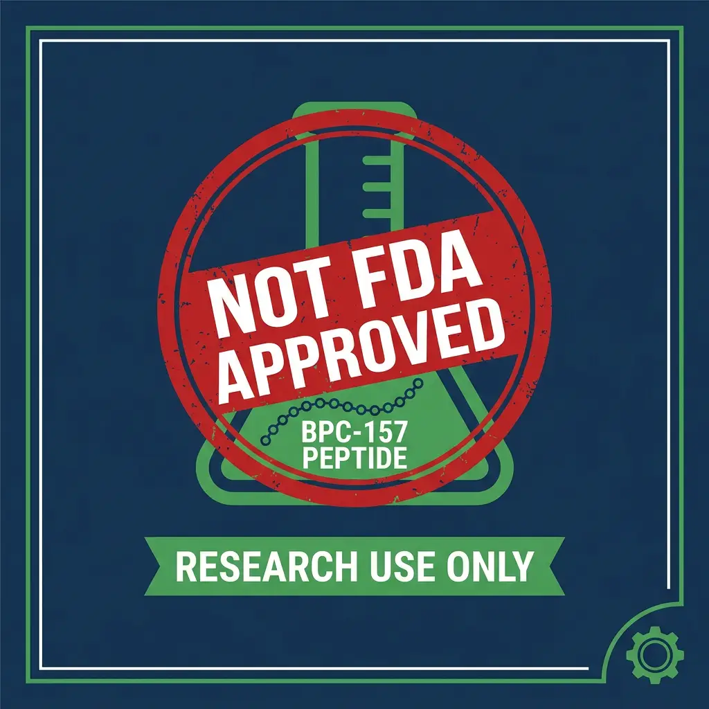 Diagram showing BPC-157 peptide is not FDA approved and labeled for research only.