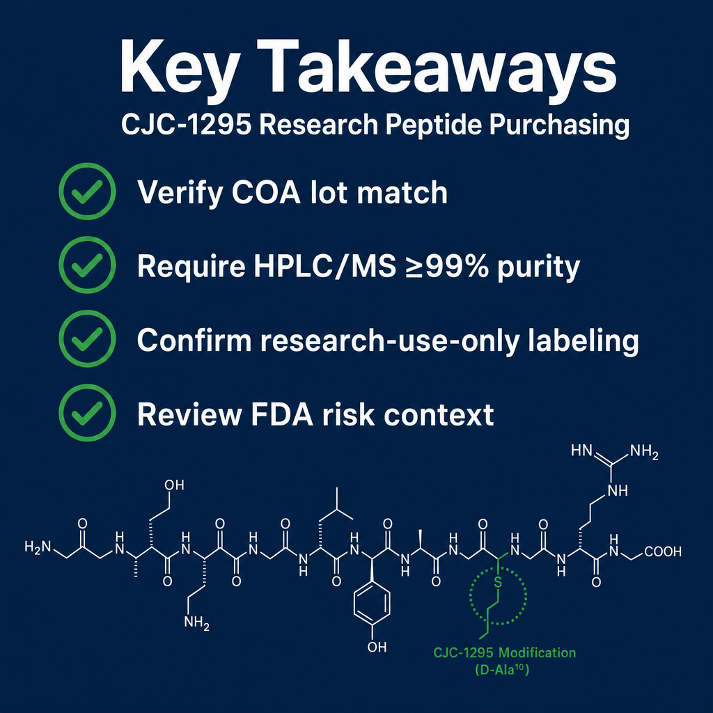 Key takeaways infographic for CJC-1295 research peptide: COA lot match, HPLC/MS purity, RUO labeling, and FDA risk context.