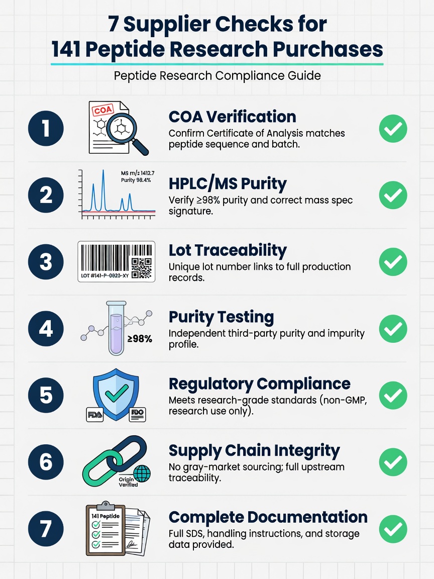 Infographic checklist of 7 key supplier checks for 141 peptide research purchases.