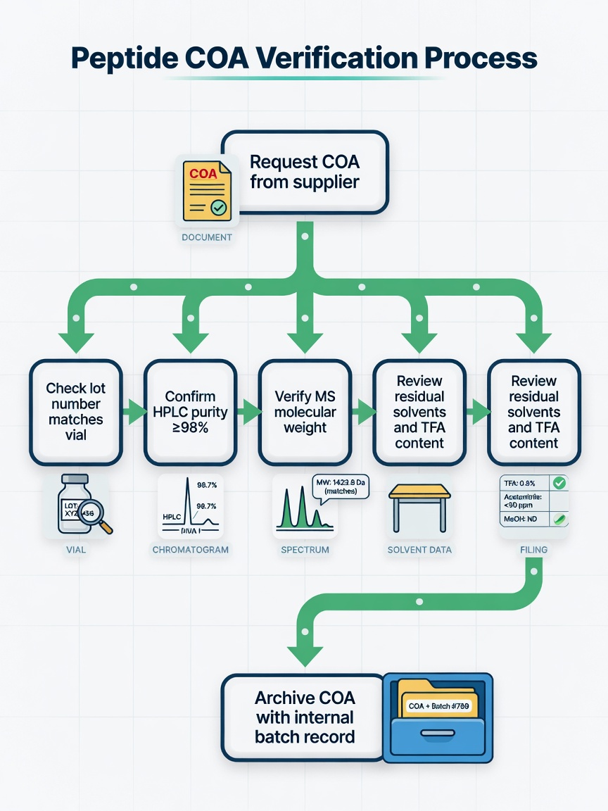 Step-by-step flowchart for verifying a 141 peptide Certificate of Analysis in a lab.