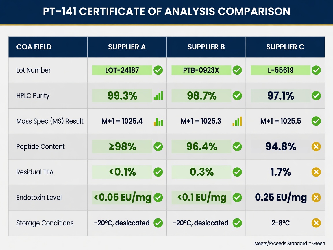Comparison table of COA fields across PT-141 suppliers for research labs.