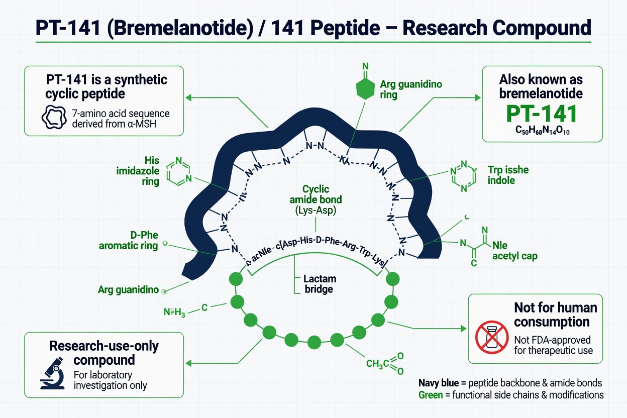 Molecular structure and naming explanation of PT-141 peptide for research labs.