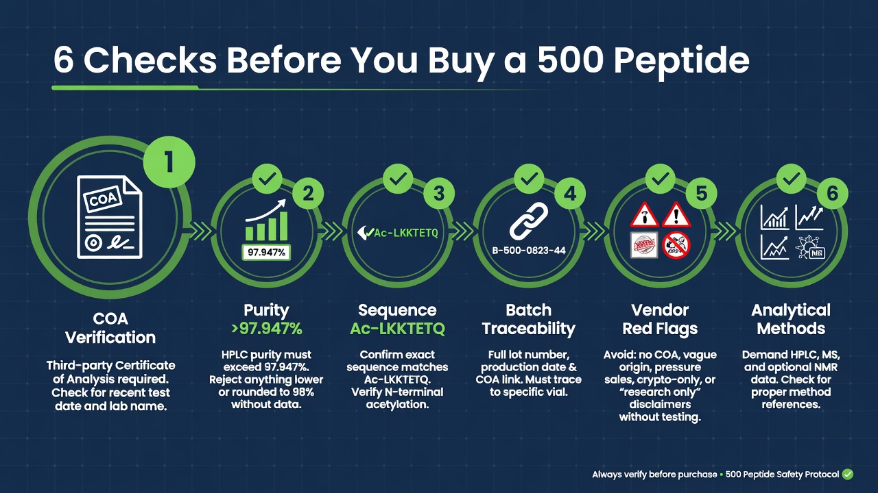 Infographic showing six checks for buying a 500 peptide for research, with navy and green design.