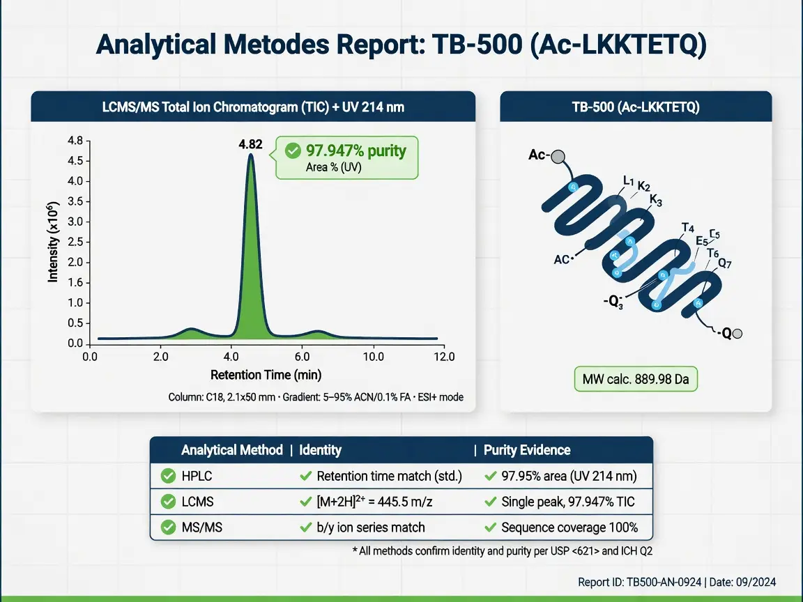 Diagram of LCMS/MS purity analysis for TB-500 peptide showing 97.947% purity and molecular structure.