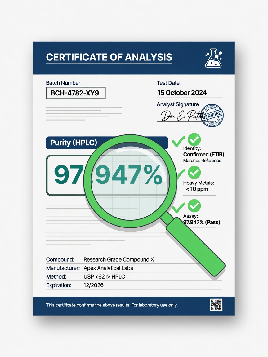 Illustration of a certificate of analysis with verification checkmarks for peptide batch quality.
