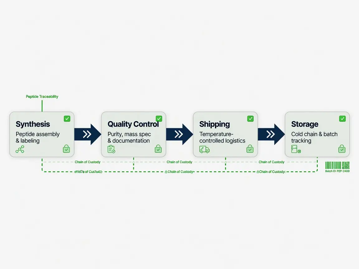Flowchart of vendor traceability and chain of custody for peptide supply from synthesis to lab.
