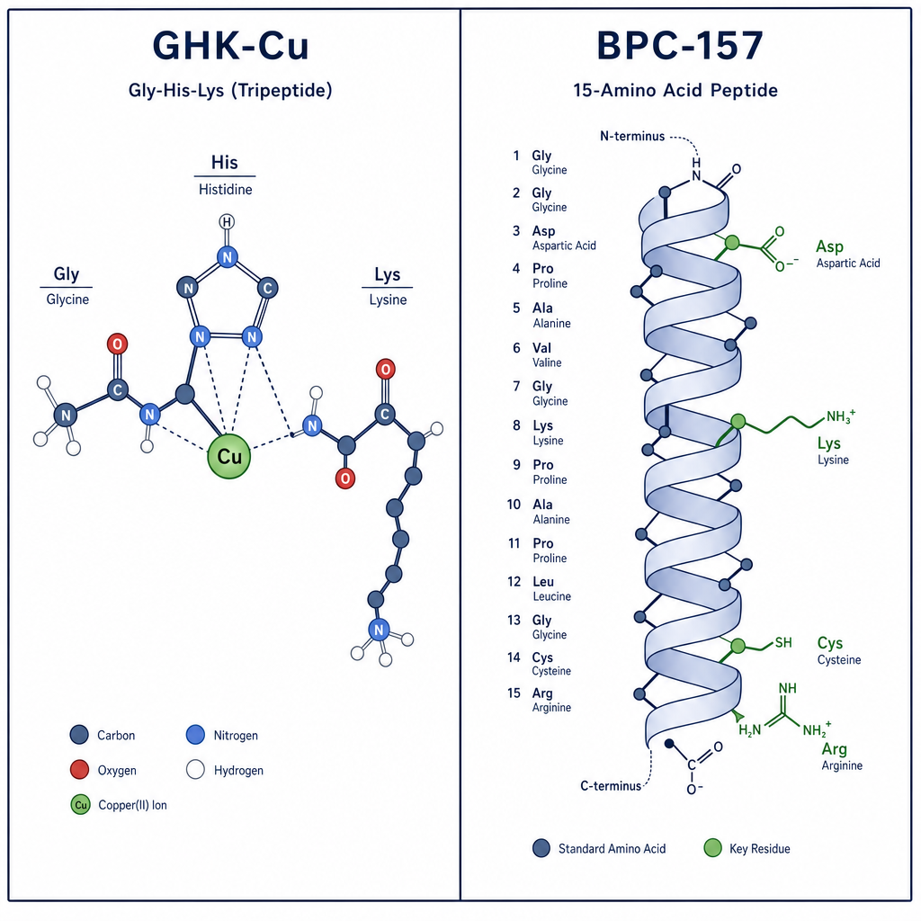 Molecular structure comparison of GHK-Cu tripeptide with copper and BPC-157 pentadecapeptide in bpc 157 research.