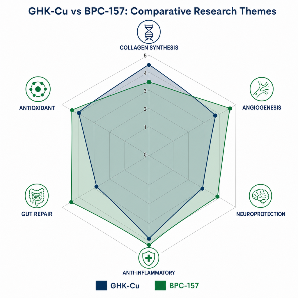 Radar chart comparing biological research themes of GHK-Cu and BPC-157 in bpc 157 research.