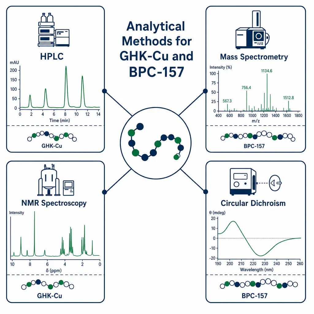 Infographic showing HPLC, mass spectrometry, NMR, and circular dichroism methods for peptide analysis in bpc 157 research.