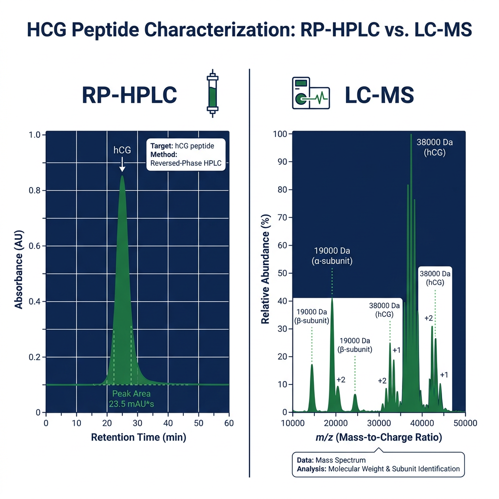LC-MS and RP-HPLC chromatogram and mass spectrum comparison for HCG peptide analysis