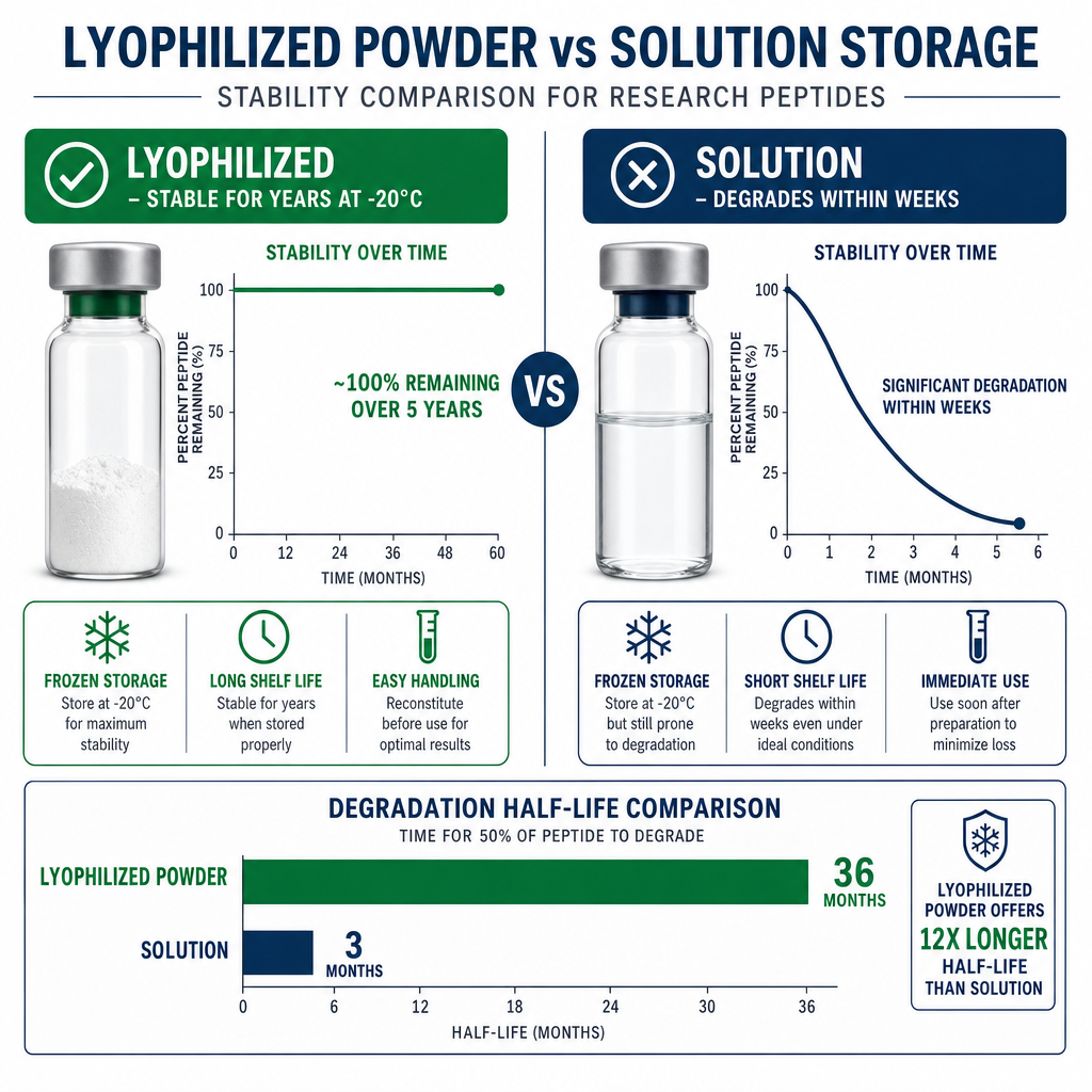 Comparison chart of lyophilized vs solution peptide storage stability.
