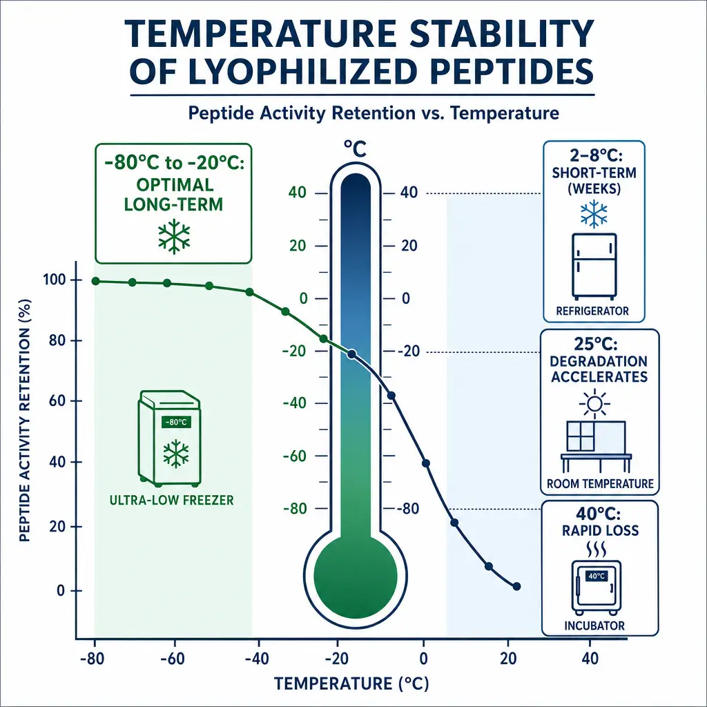 Temperature gradient chart showing stability of lyophilized peptides from frozen to room temperature.