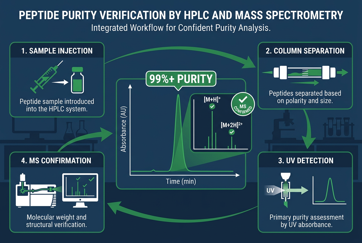 Infographic showing HPLC and mass spectrometry verifying 99%+ purity for nationwide peptides.