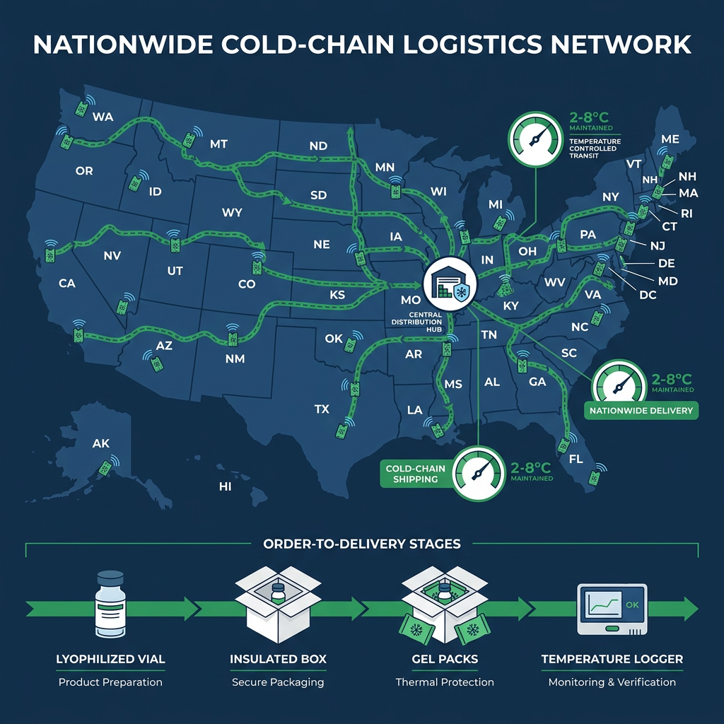 Cold-chain shipping map of the US showing temperature-controlled nationwide peptide delivery to all 50 states.