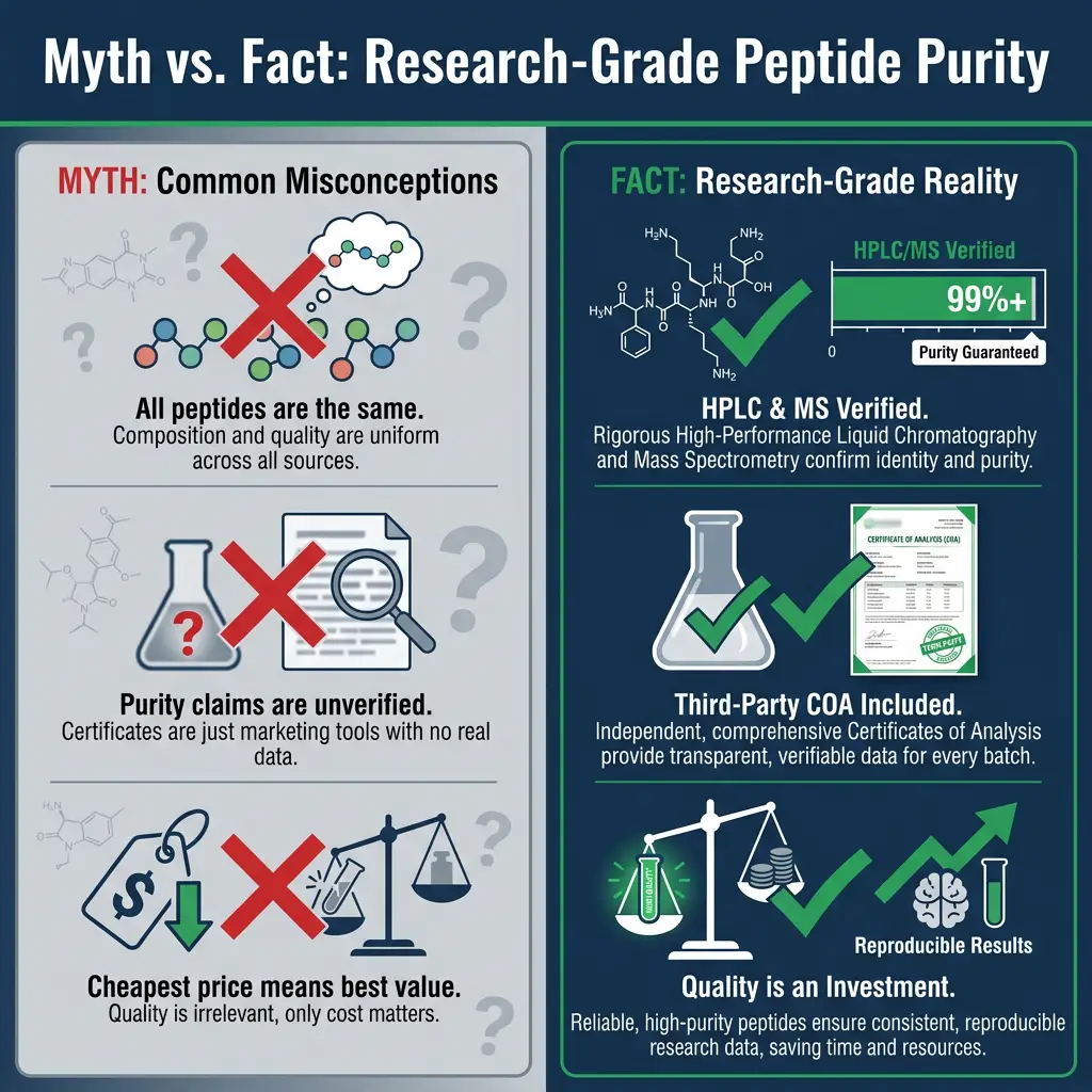 Myth versus fact infographic comparing misconceptions and verified purity standards for research peptides.