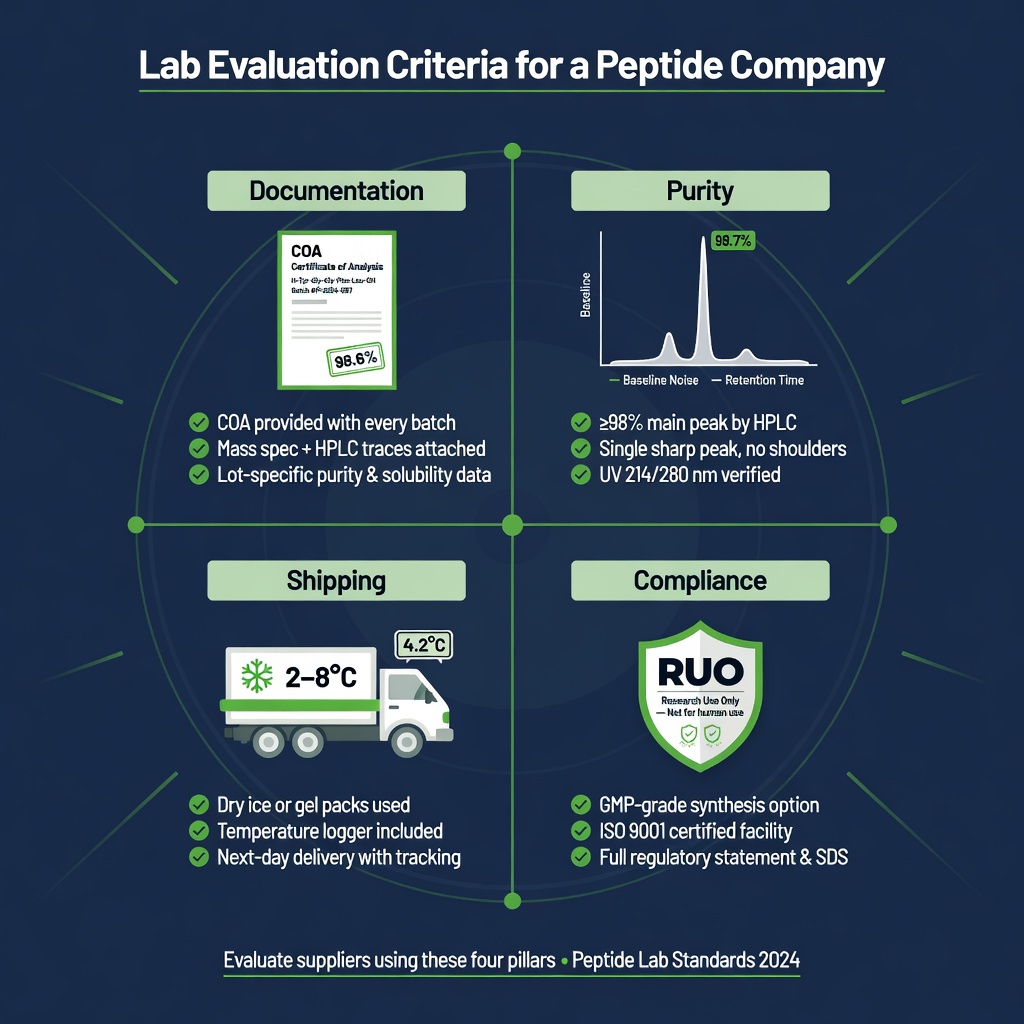 Infographic showing four key criteria for selecting a peptide company: purity, documentation, shipping, and compliance.