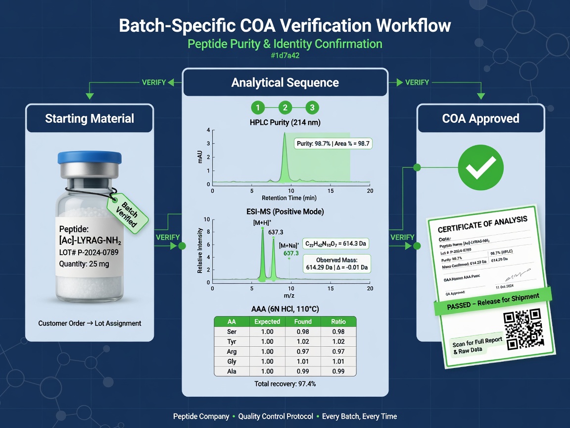 Diagram of COA verification workflow showing HPLC, mass spectrometry, and amino acid analysis for peptide purity.