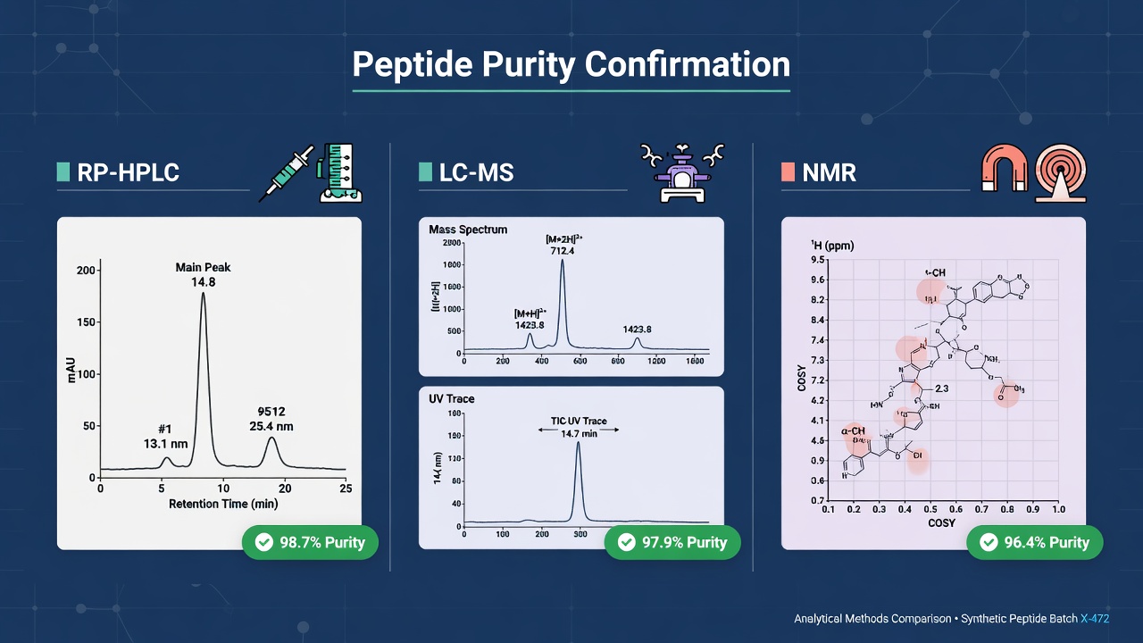 Infographic comparing RP-HPLC, LC-MS, and NMR methods for confirming peptide purity with percentage callouts.
