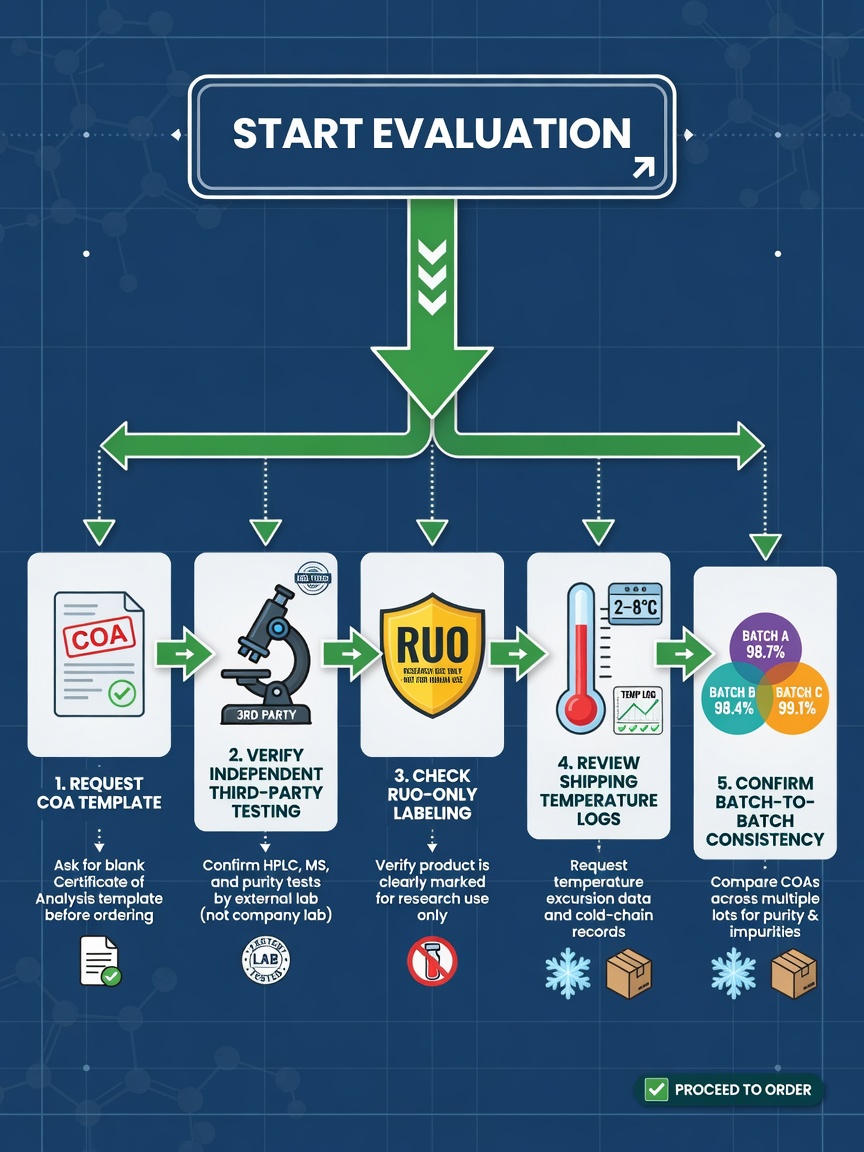 Five-step flowchart for evaluating a peptide company including COA review, third-party testing, and shipping logs.