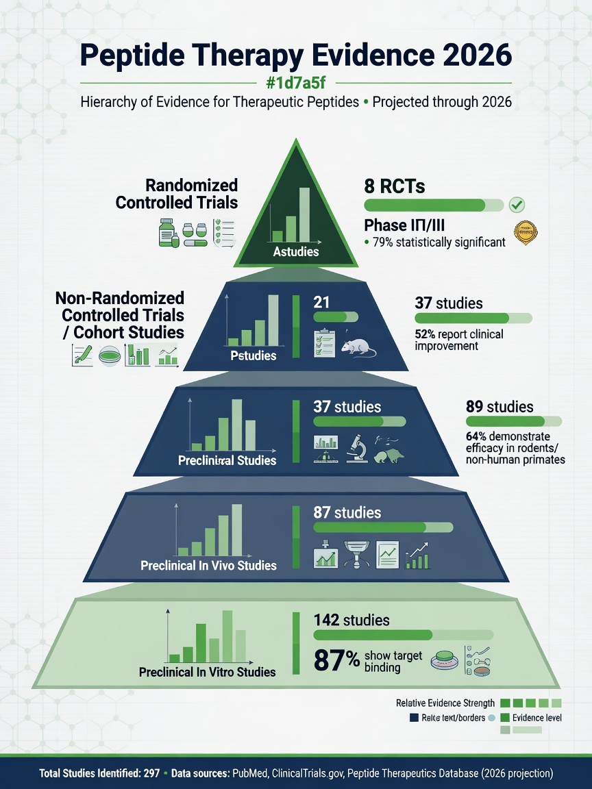 Infographic showing peptide therapy evidence 2026 hierarchy from preclinical to clinical studies with data visualization.