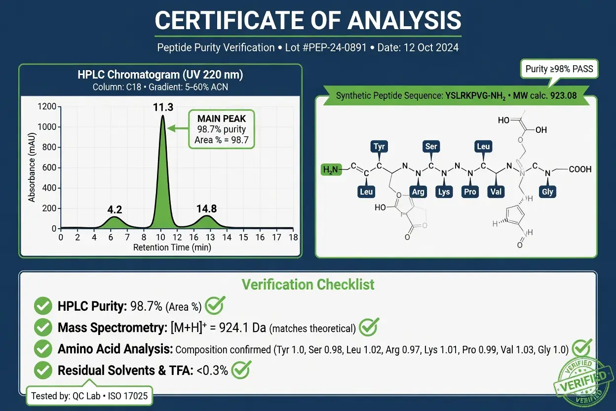 Certificate of analysis infographic with HPLC chromatogram and purity checklist for peptide verification.