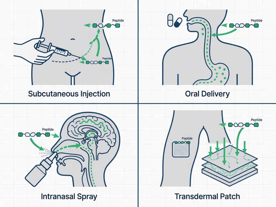 Diagram of peptide administration methods including injection, oral, intranasal, and transdermal routes.