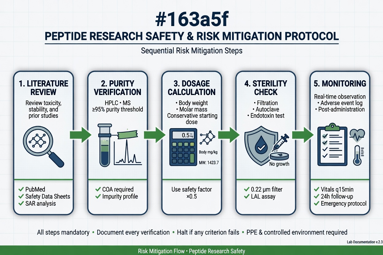 Flowchart showing safety steps for peptide research including literature review and purity verification.