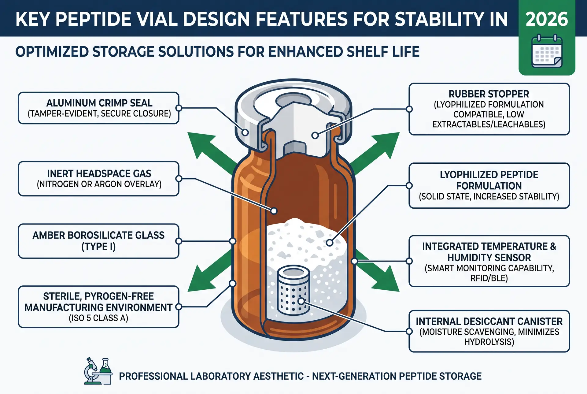 Infographic of peptide vial design features for 2026 stability, showing glass, stopper, seal, and desiccant.