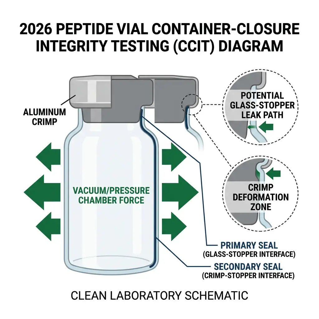 Cross-section diagram of peptide vial closure integrity testing with leak path indicators for 2026.