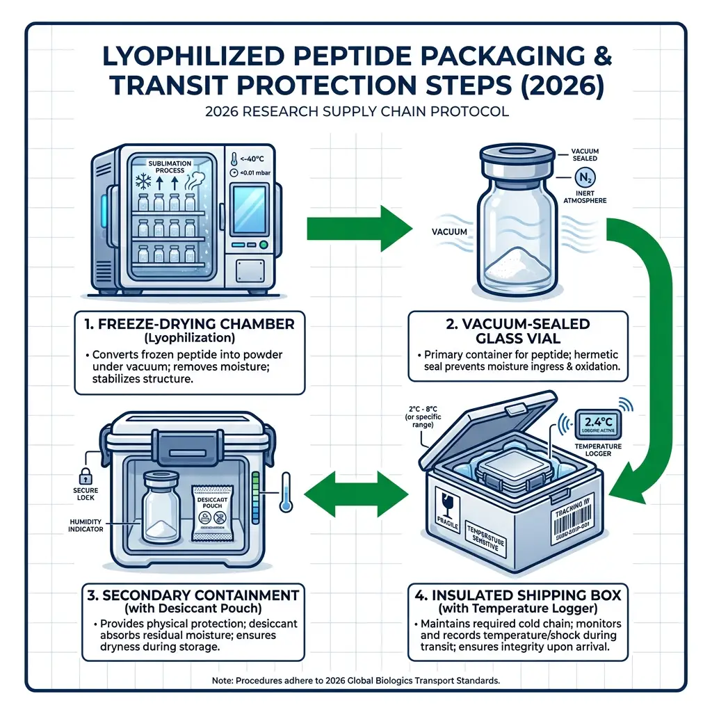 Flowchart of lyophilized peptide packaging and transit protection steps for 2026 lab supply.