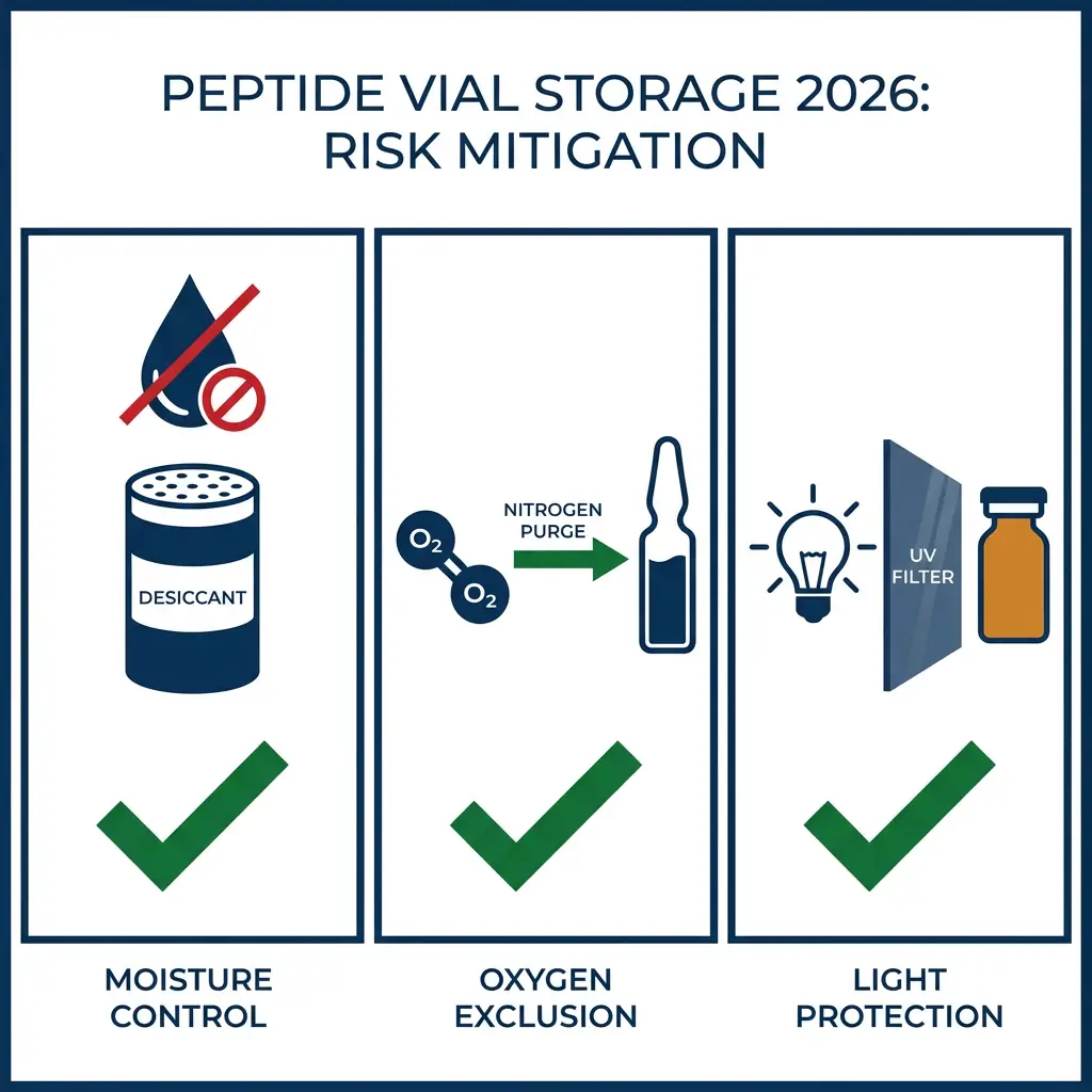 Infographic of moisture, oxygen, and light risks for peptide vial storage with mitigation icons for 2026.