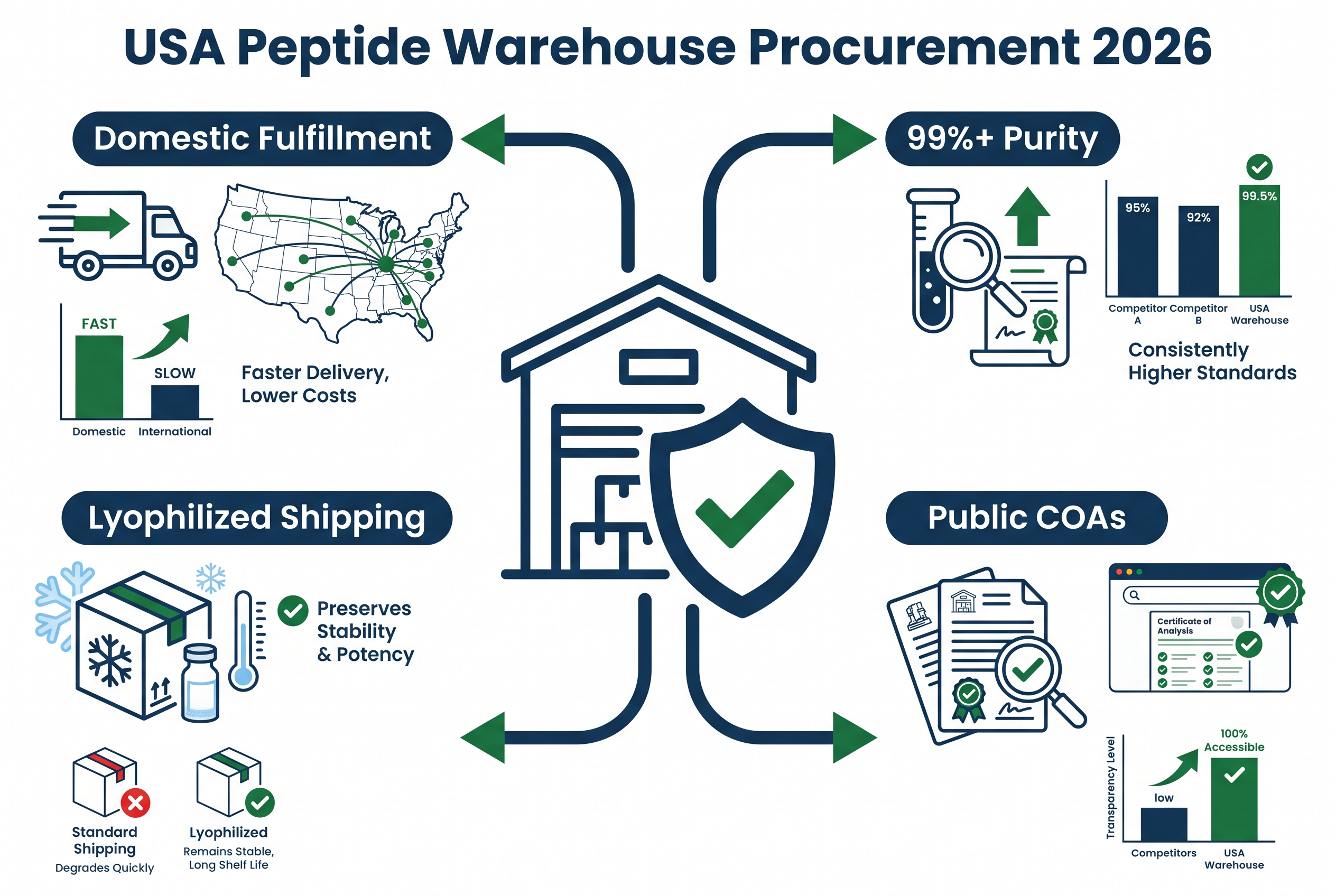 Infographic showing 2026 USA peptide warehouse procurement criteria including purity, COAs, and shipping.