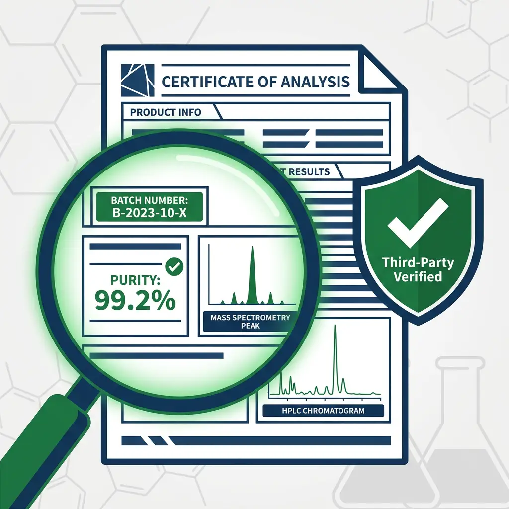 Diagram of a public COA with third-party verification marks and purity data for 2026.