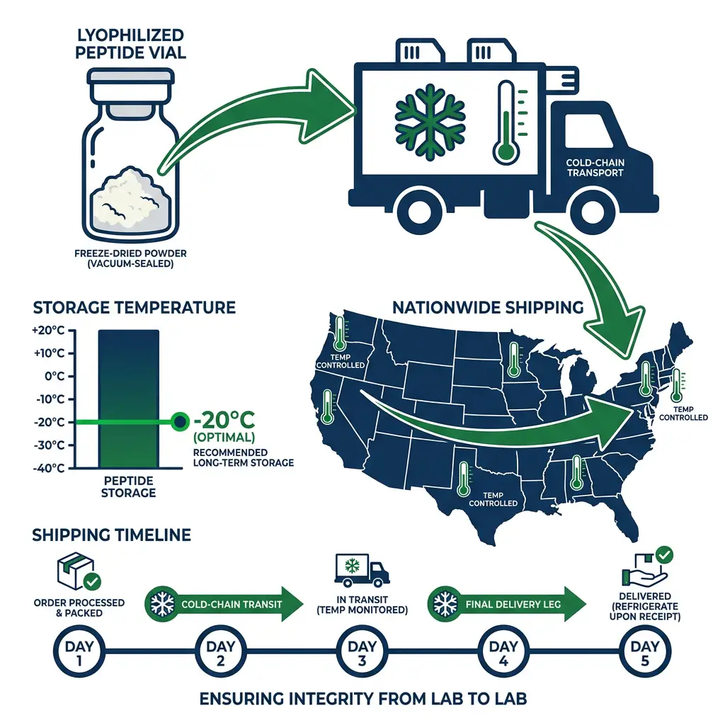 Infographic of lyophilized peptide vial, cold-chain shipping, and USA temperature map.