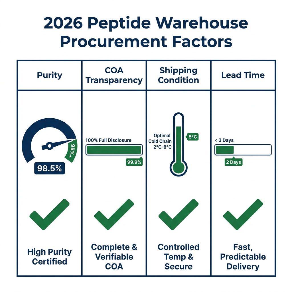 Comparison table infographic of 2026 peptide warehouse procurement factors with gauges and checks.