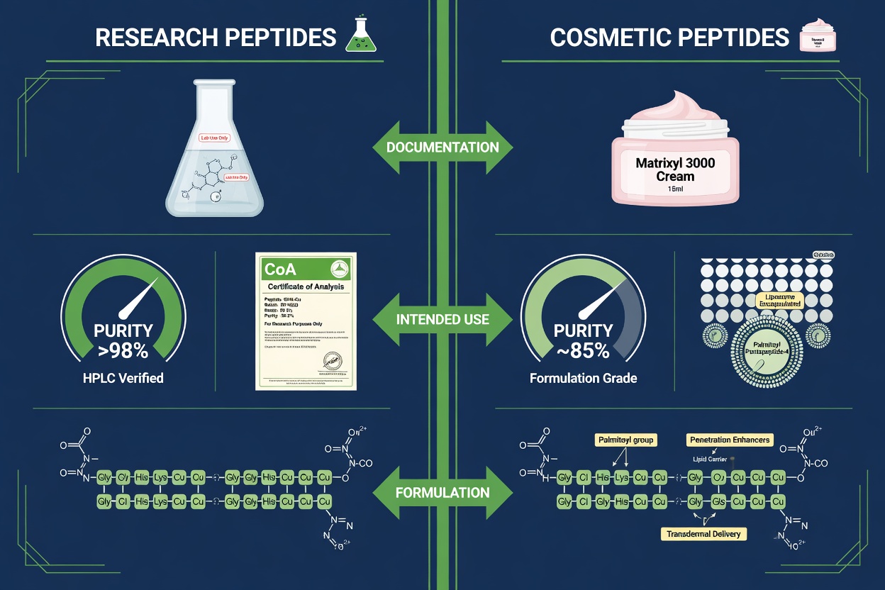 Infographic comparing research peptides cosmetic peptides in laboratory practice