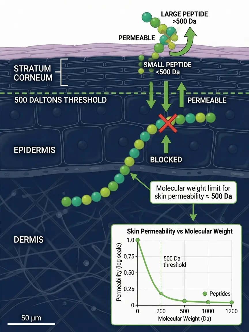 Diagram of skin layers showing peptide molecular weight permeability limits
