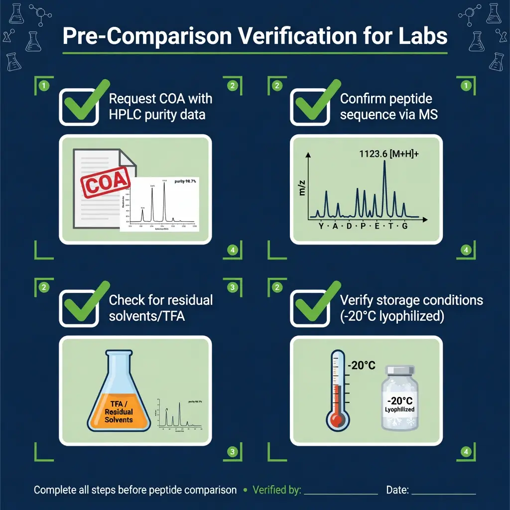 Checklist infographic for lab verification of peptide categories