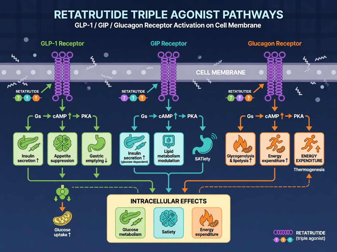 Diagram of retatrutide binding to GLP-1, GIP, and glucagon receptors with signaling pathways